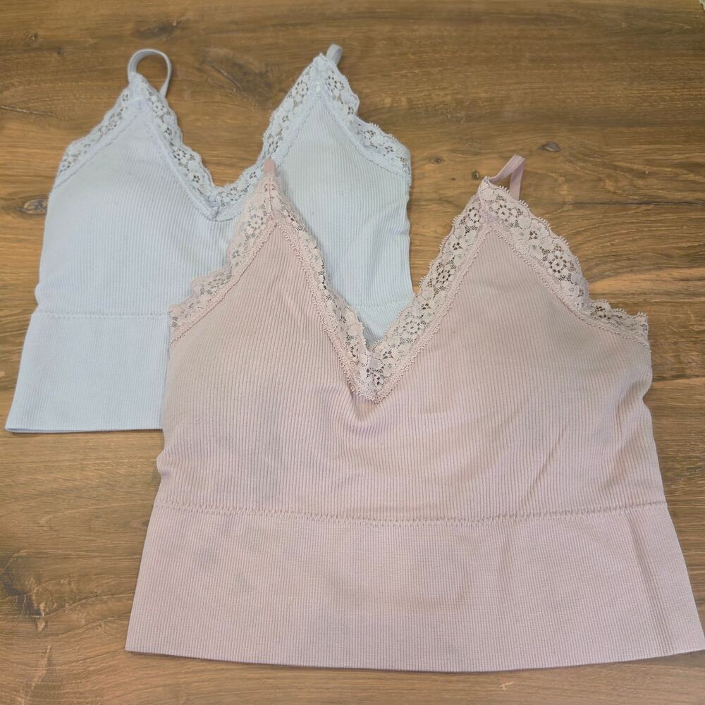 No Boundaries Lace Trim Ribbed Cami Crop Top Set S 4-6 Pink Blue